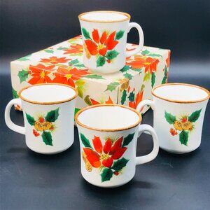 Vintage Mikasa Happy Holidays Ironstone Christmas Mugs - Set of 4 - Original Box